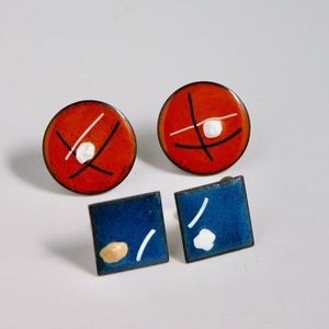 Vtg Artsy Handmade Clip On Copper Enamel Earrings